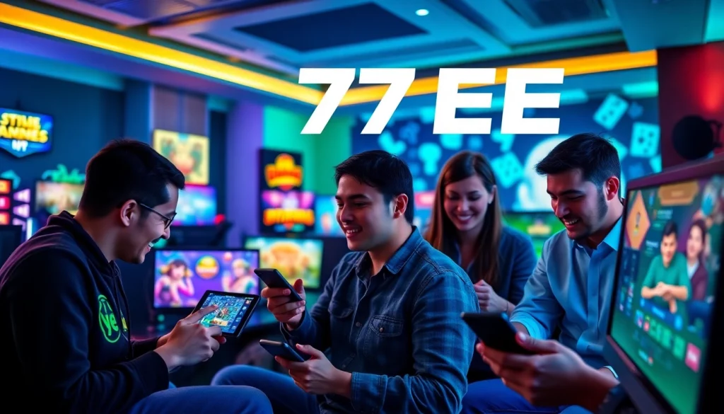 Experience the innovative gaming atmosphere at 77EE with players immersed in online casino excitement.