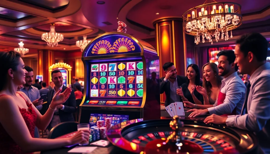 Experience the thrill of idnslot gaming at a vibrant casino with players engaging in exciting slot games.