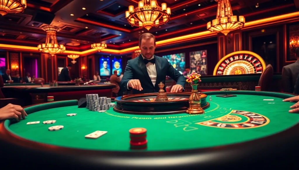 Engaging poker game scene showcasing keonhacai, vibrant casino atmosphere with professional dealer.