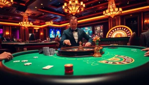Engaging poker game scene showcasing keonhacai, vibrant casino atmosphere with professional dealer.