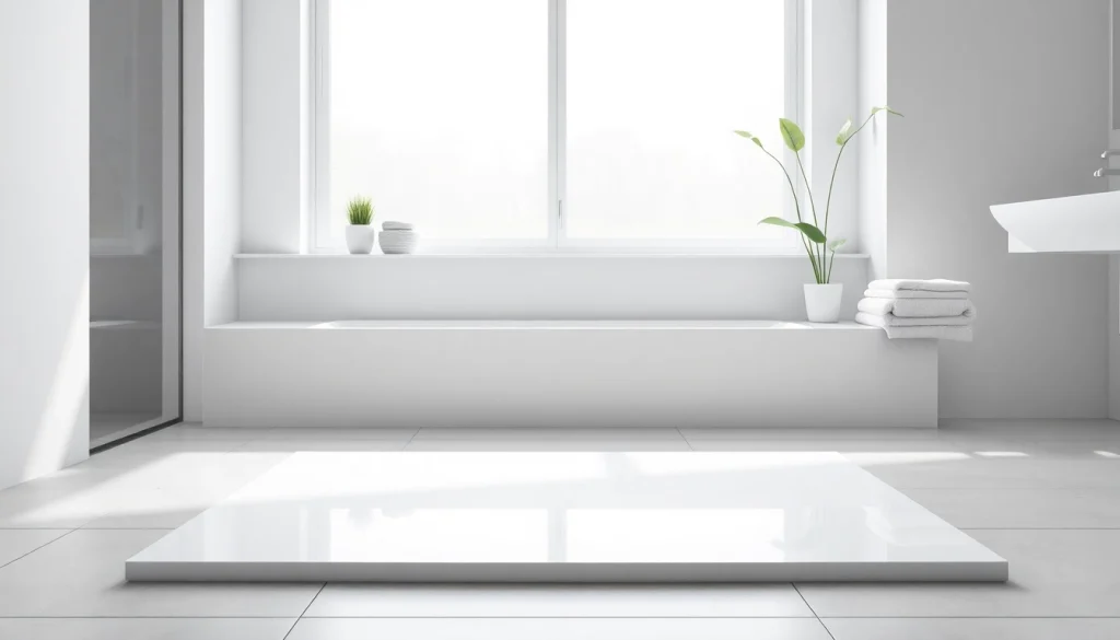 Show shower base featuring modern design and smooth finishes in a bright bathroom.