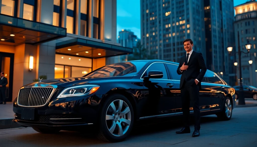 Luxurious chauffeur service representing UK luxury transport outside a high-end hotel.