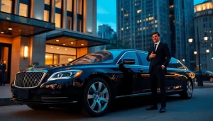 Luxurious chauffeur service representing UK luxury transport outside a high-end hotel.