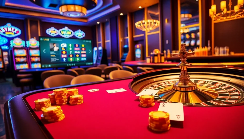 Experience the excitement of uu88 with professional casino tables featuring elegant poker chips and vibrant slot machines.