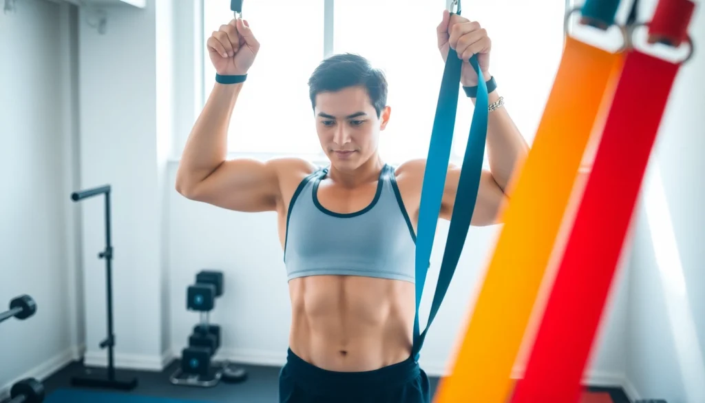 Engaged athlete performing assisted pull-up bands exercise for strength training.