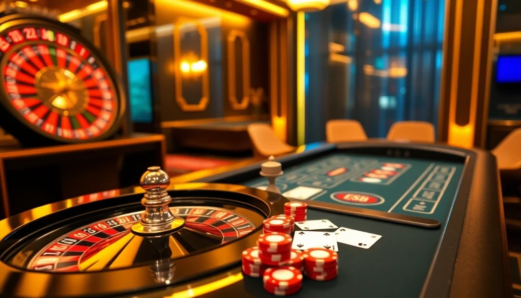 Experience thrilling gaming at https://urr88.com/ with vibrant roulette and blackjack tables in a luxurious online casino setting.