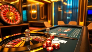 Experience thrilling gaming at https://urr88.com/ with vibrant roulette and blackjack tables in a luxurious online casino setting.