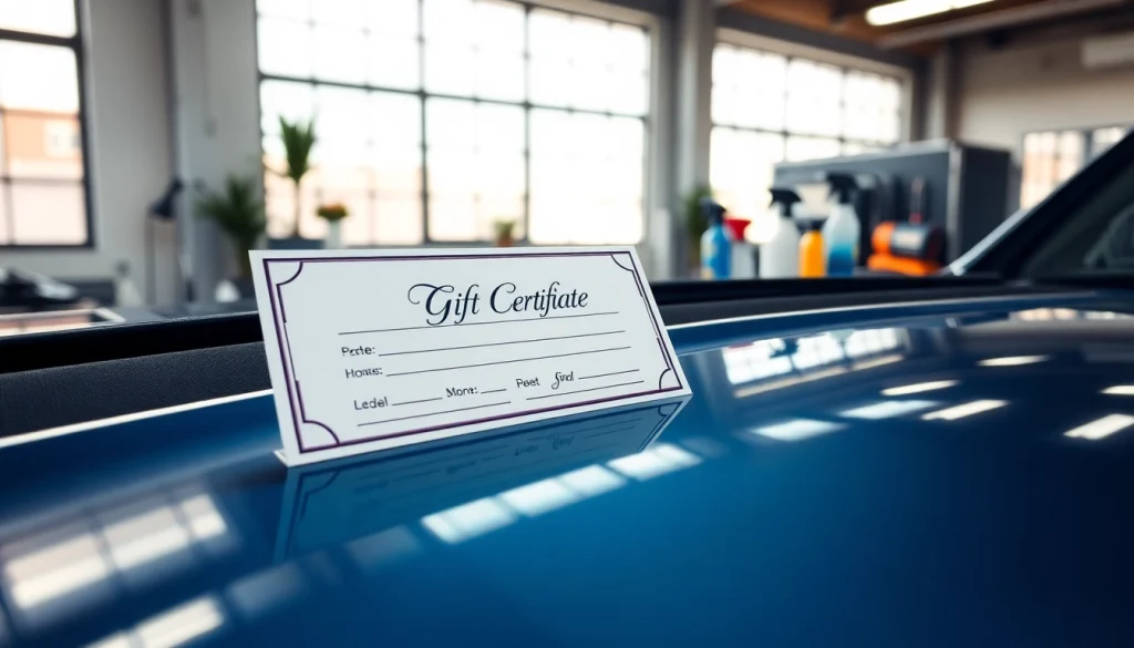 Present a car detailing gift certificate alongside a polished car in a modern detailing studio.