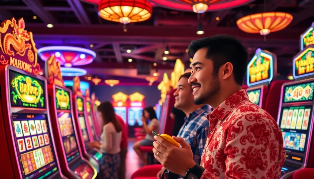 Engage with the thrilling slot demo mahjong experience featuring vibrant, themed machines and excited players.