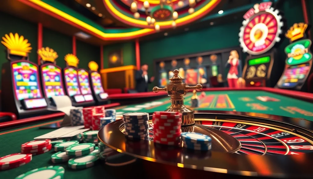 Exciting casino scene featuring immersive elements from 79king com with poker chips, roulette wheel, and slot machines.