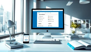 Modern workspace featuring a sleek 有道 translation tool on a computer screen.