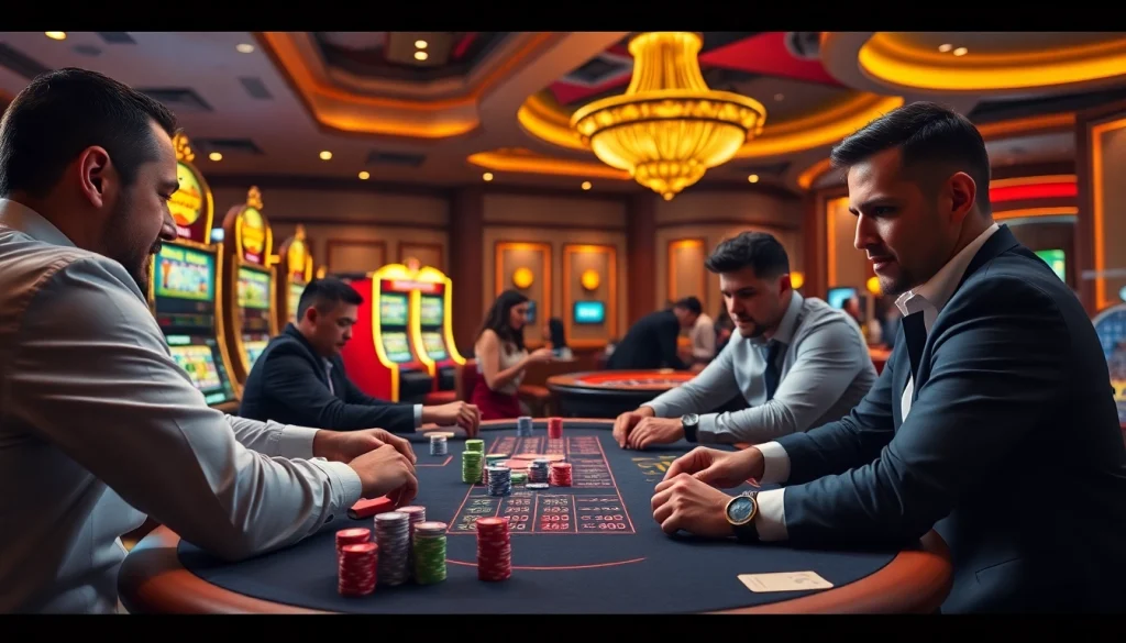 Intense poker game at a luxury casino emphasizing strategy, featuring Link X88 themed players.