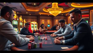 Intense poker game at a luxury casino emphasizing strategy, featuring Link X88 themed players.
