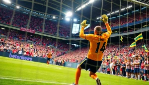 Goalkeeper making an impressive save during a soccer match in vibrant colors, illustrating ผลบอลสด thscore excitement.