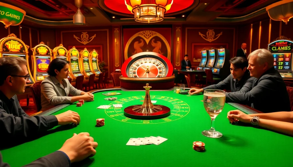 i9bet players enjoying a lively blackjack table in an elegant casino setting, showcasing vibrant colors and excitement