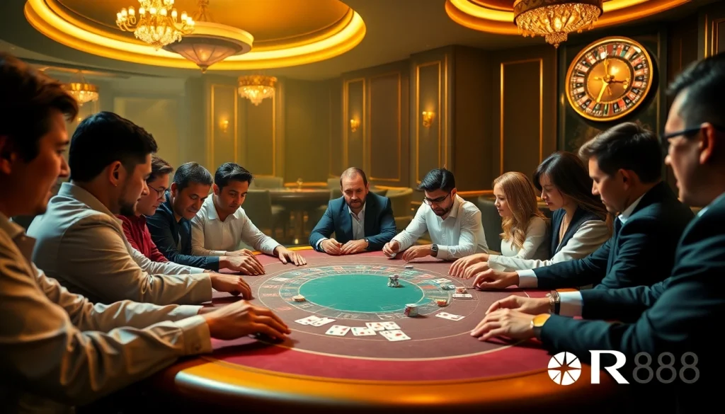 Players strategizing at a vibrant poker table, embodying the excitement of RR88 casino gaming.