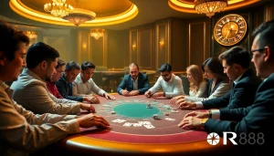 Players strategizing at a vibrant poker table, embodying the excitement of RR88 casino gaming.