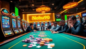 Nohu90 casino players enjoying an exciting game with vibrant slots and colorful chips.