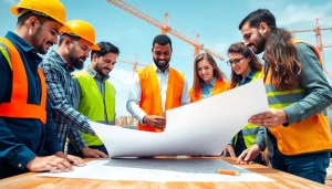 Construction advocacy showcased through diverse teamwork on a building site with blueprints.