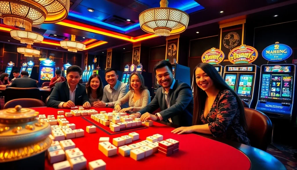 Adegan demo mesin slot Mahjong yang menarik dengan pemain kasino yang bersemangat dan mesin berpendar.