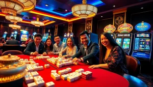 Adegan demo mesin slot Mahjong yang menarik dengan pemain kasino yang bersemangat dan mesin berpendar.