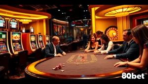 Experience a thrilling poker game at 8qbet casino with vibrant ambiance and rich visuals.