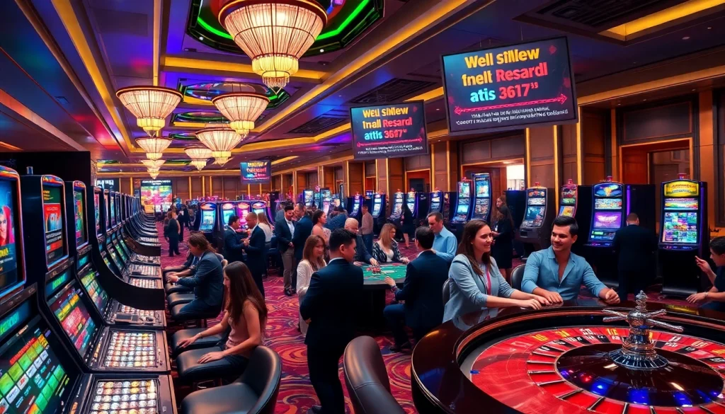 Exciting gambling scene at https://www.superslot365.net/ with players enjoying slot machines and table games.