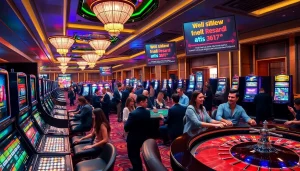 Exciting gambling scene at https://www.superslot365.net/ with players enjoying slot machines and table games.