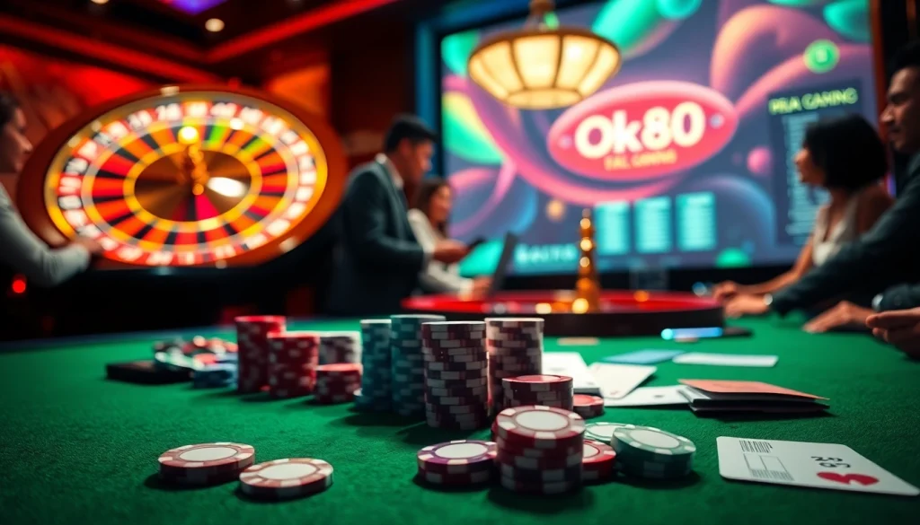 Players enjoying the ultimate gambling experience at https://ok88.tech/ with poker chips, cards, and a spinning roulette wheel.