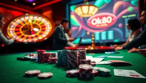 Players enjoying the ultimate gambling experience at https://ok88.tech/ with poker chips, cards, and a spinning roulette wheel.