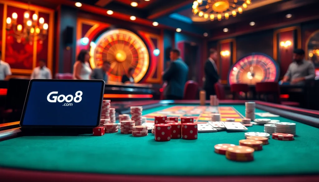 Engage with Go8.com at a lively casino table showcasing poker chips and dice games.