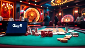 Engage with Go8.com at a lively casino table showcasing poker chips and dice games.