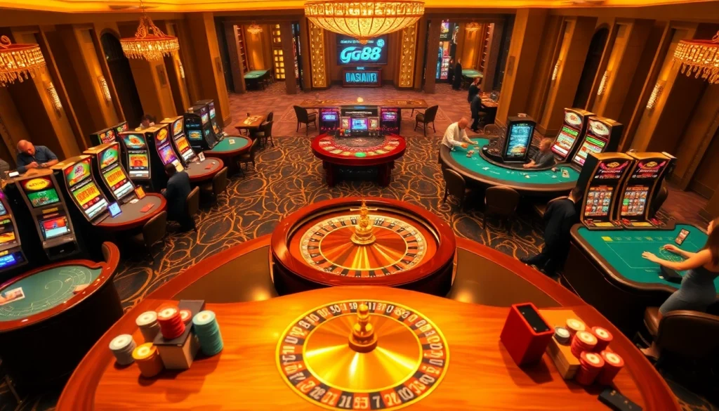 Gambling excitement at gg88 casino with vibrant slot machines and poker tables.