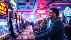 LAGAGAME77 online gaming scene featuring vibrant slot machines and diverse players enjoying the thrill of gaming.