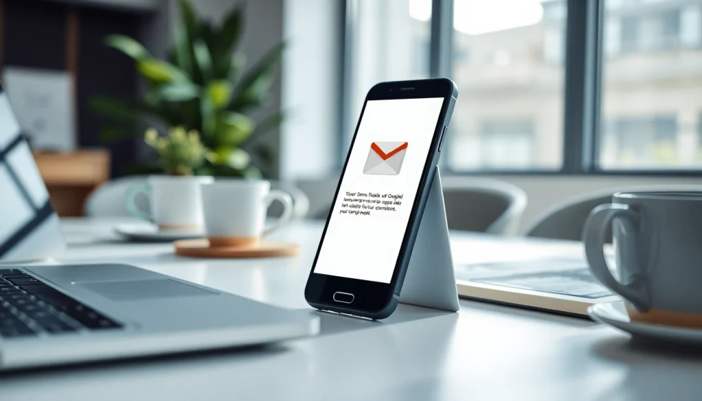 Generate Gmail temp mail using a sleek digital interface in a modern office.