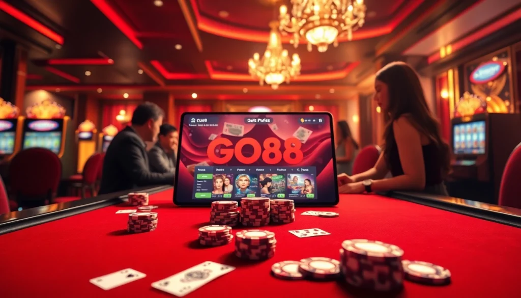Experience the excitement of GO88 with players engaged at a high-stakes gambling table.