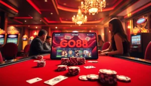 Experience the excitement of GO88 with players engaged at a high-stakes gambling table.