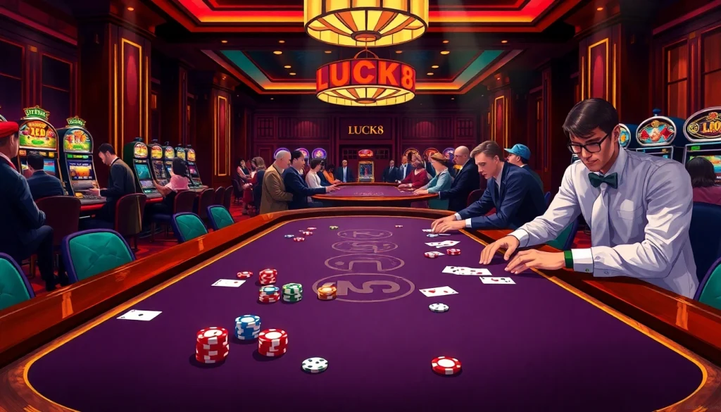 Tham gia các trận chơi đầy kịch tính tại LUCK8 với bàn casino sống động, chip poker và không khí sôi động.