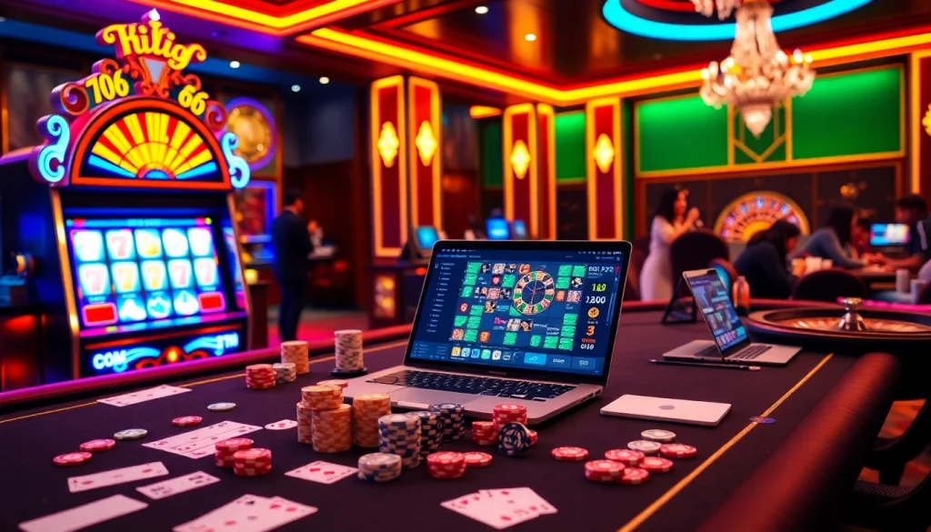 Experience Hi88 with vibrant gaming action at a luxurious casino table, featuring poker chips and slot machines.