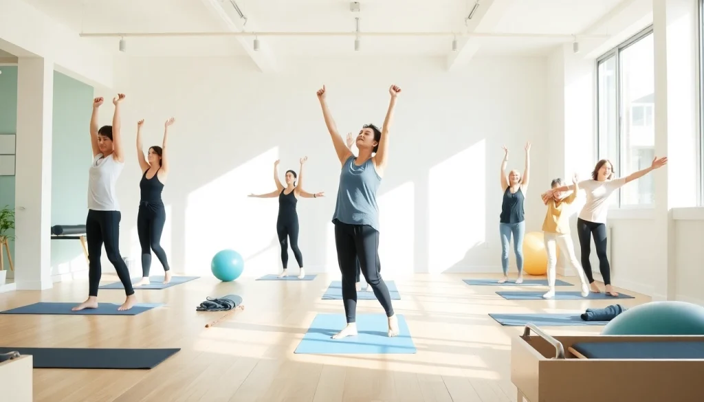 明るいスタジオでリフォーマーを使う多様な参加者の台東区ピラティスクラスが行われている様子。