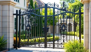 Elegant custom steel gates enhance a garden entrance, showcasing intricate designs and craftsmanship.