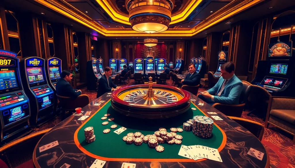 Engage in thrilling kerajaanslot gameplay at a luxurious casino, featuring vibrant slot machines and poker tables.