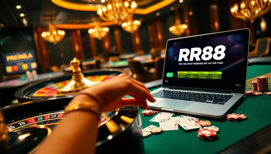 Exciting RR88 casino ambiance featuring roulette wheel and poker chips in a luxurious setting.