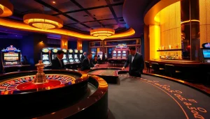 Experience SODO excitement at a luxurious casino with vibrant gaming tables and slot machines.