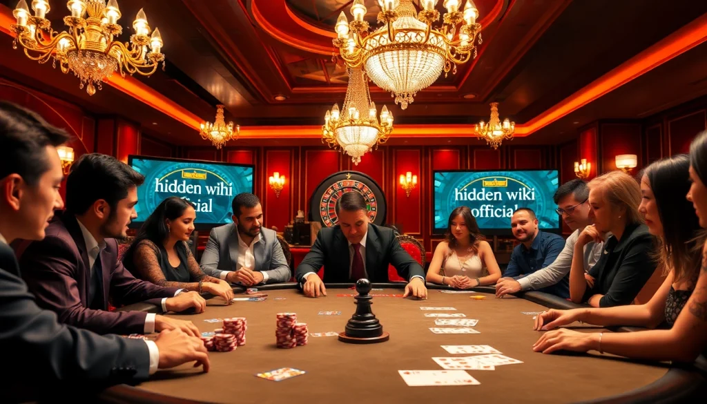 Players strategizing at a casino poker table, highlighting hidden wiki official in the background.