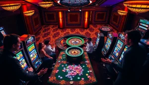 Exciting SLOT GACOR casino environment with vibrant slot machines and colorful poker chips.