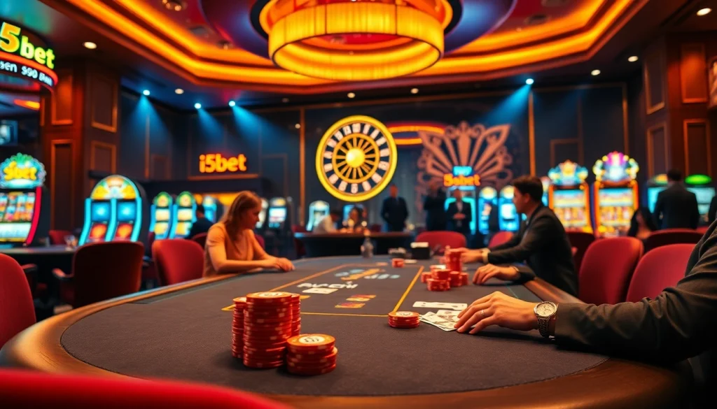 i5bet casino scene showcasing poker tables, roulette, and vibrant slot machines for a thrilling experience.