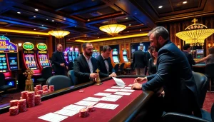 K9K9 Casino table scene showcasing vibrant poker chips and engaged players.