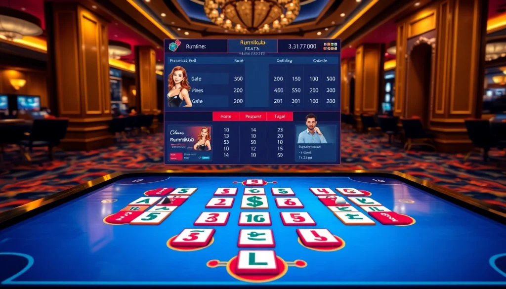 Play רמיקוב אונליין in a luxurious digital casino setting with colorful tiles and vibrant scores.