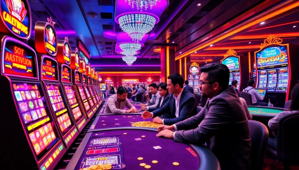 Nikmati kegembiraan slot deposit pulsa tanpa potongan dengan adegan kasino yang hidup penuh pemain yang terlibat.